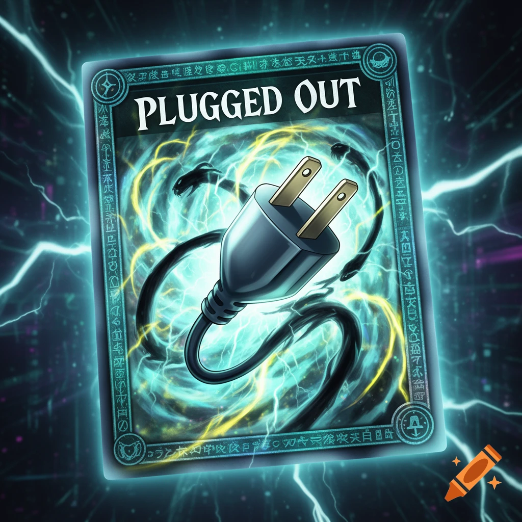 A Yu-Gi-Oh style trading card featuring an electrical plug amid glowing energy and dark tendrils, with "PLUGGED OUT" text.