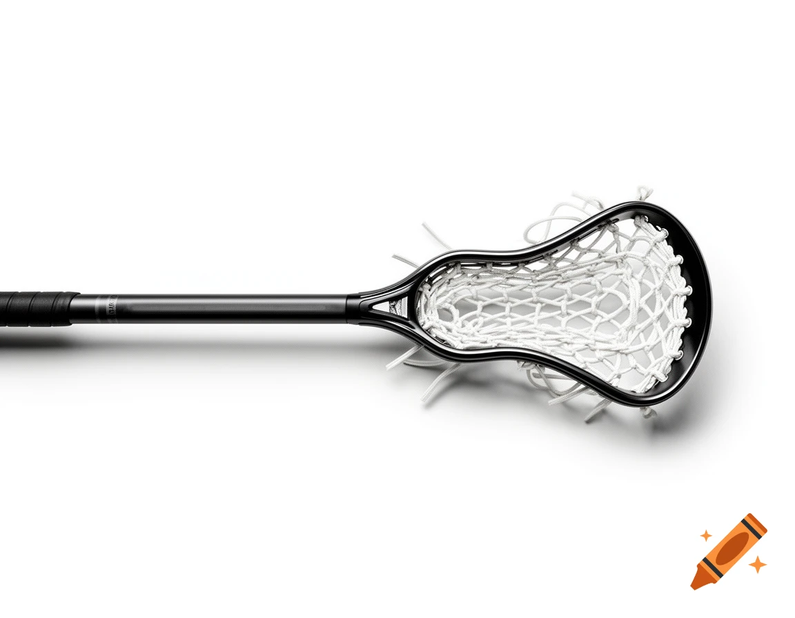 A black lacrosse stick with white netting on a white background, viewed from above.