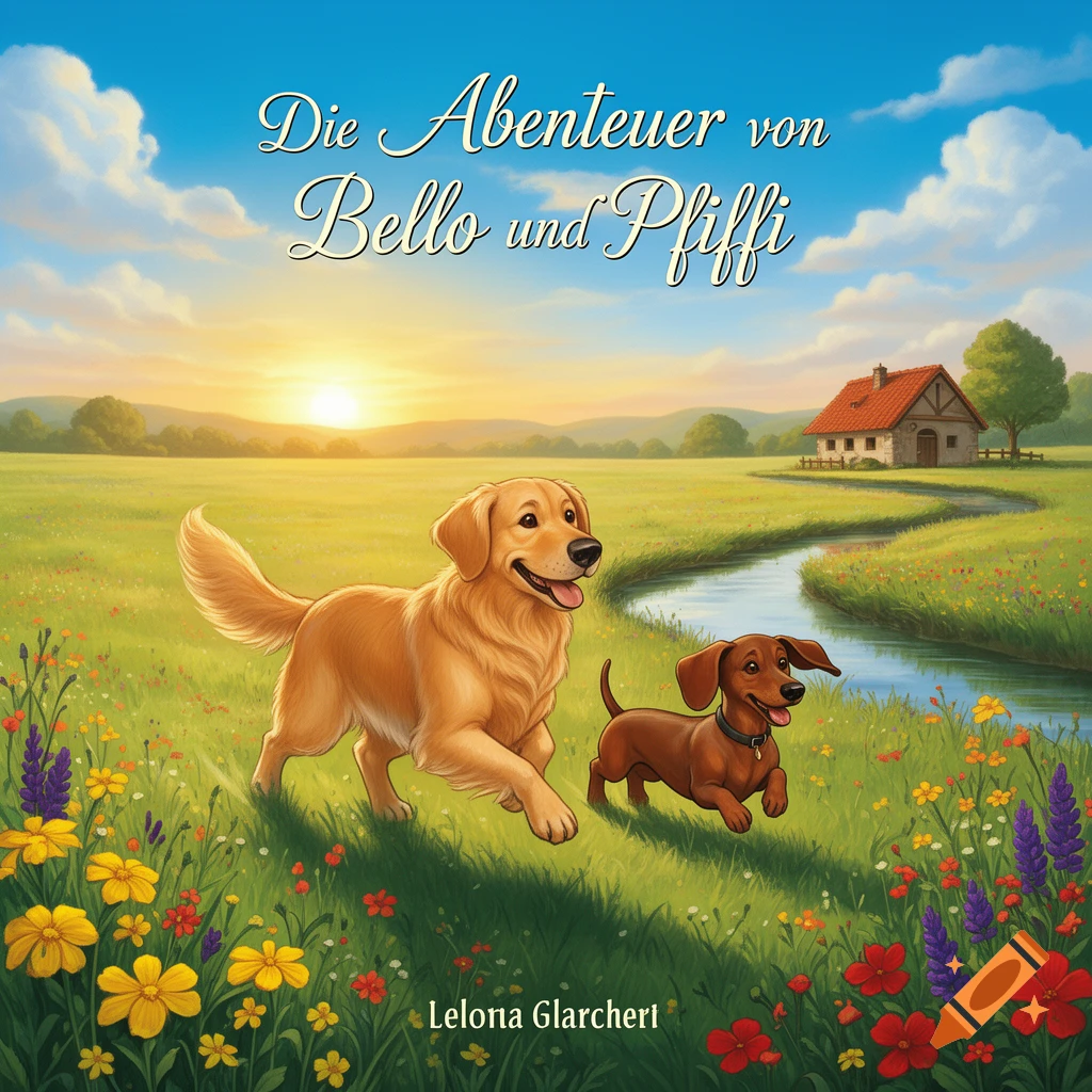A golden retriever and a dachshund run through a vibrant green field with wildflowers at sunset, a small house and stream in the background, in a whimsical children's book art style.