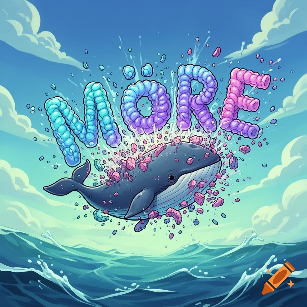A vibrant cartoon whale bursts from the ocean, surrounded by pink debris and water, with the word 'MÖRE' in colorful textured letters above, under a cloudy blue sky.
