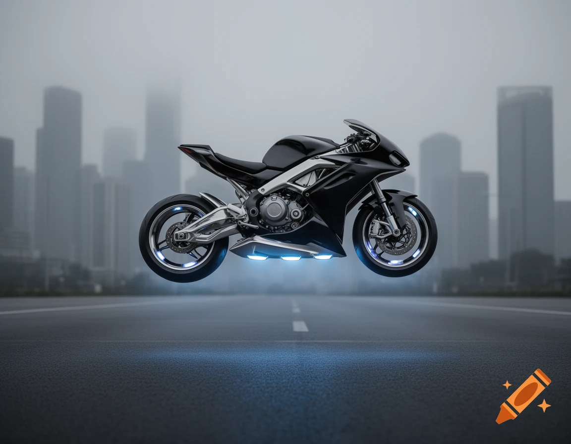 A sleek black futuristic motorcycle with blue hover lights floats above a road, with a blurry gray cityscape behind it.