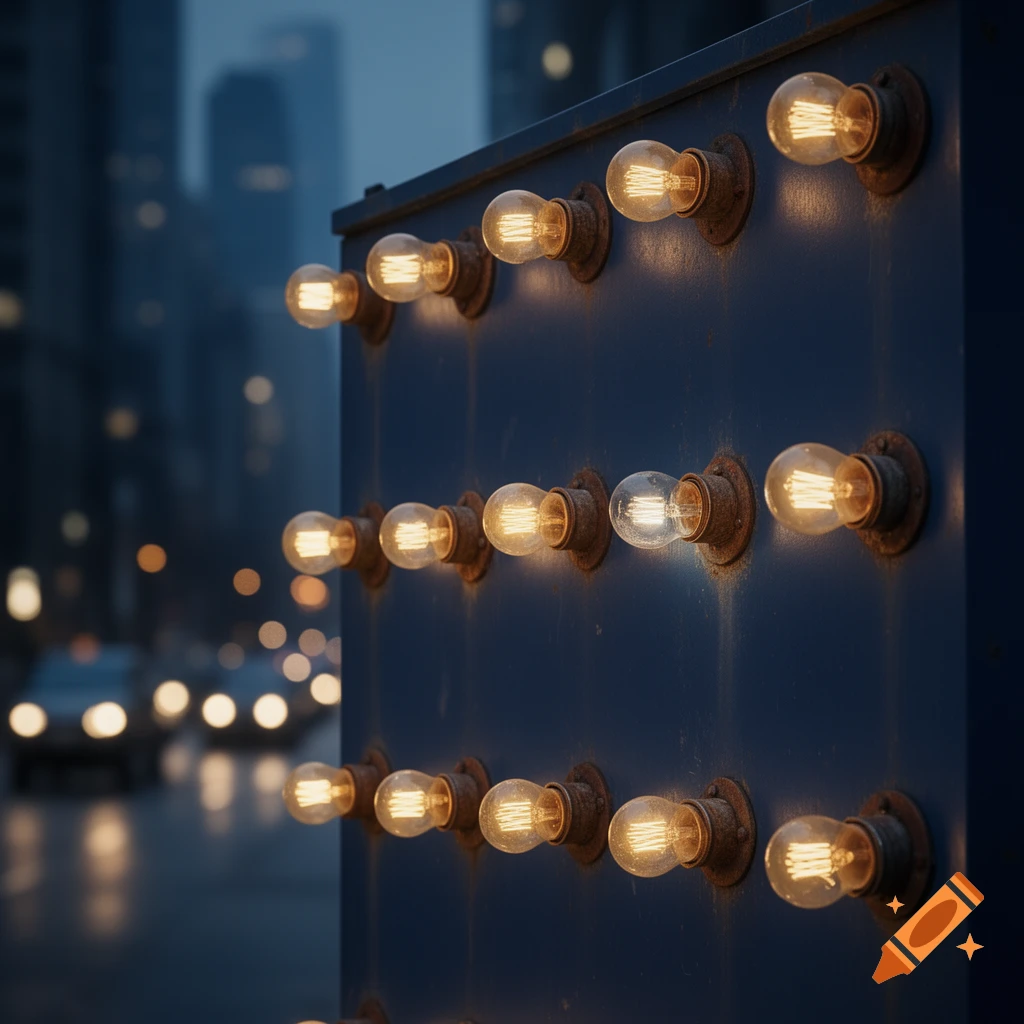A dark blue board with multiple glowing light bulbs, with one bulb appearing unlit, against a blurred city background at night.