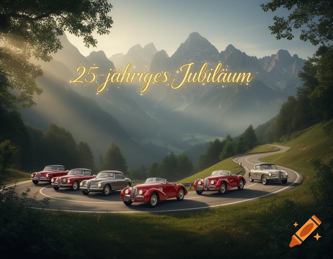 Classic red and silver cars driving on a winding mountain road, with '25-jähriges Jubiläum' text in the sky.