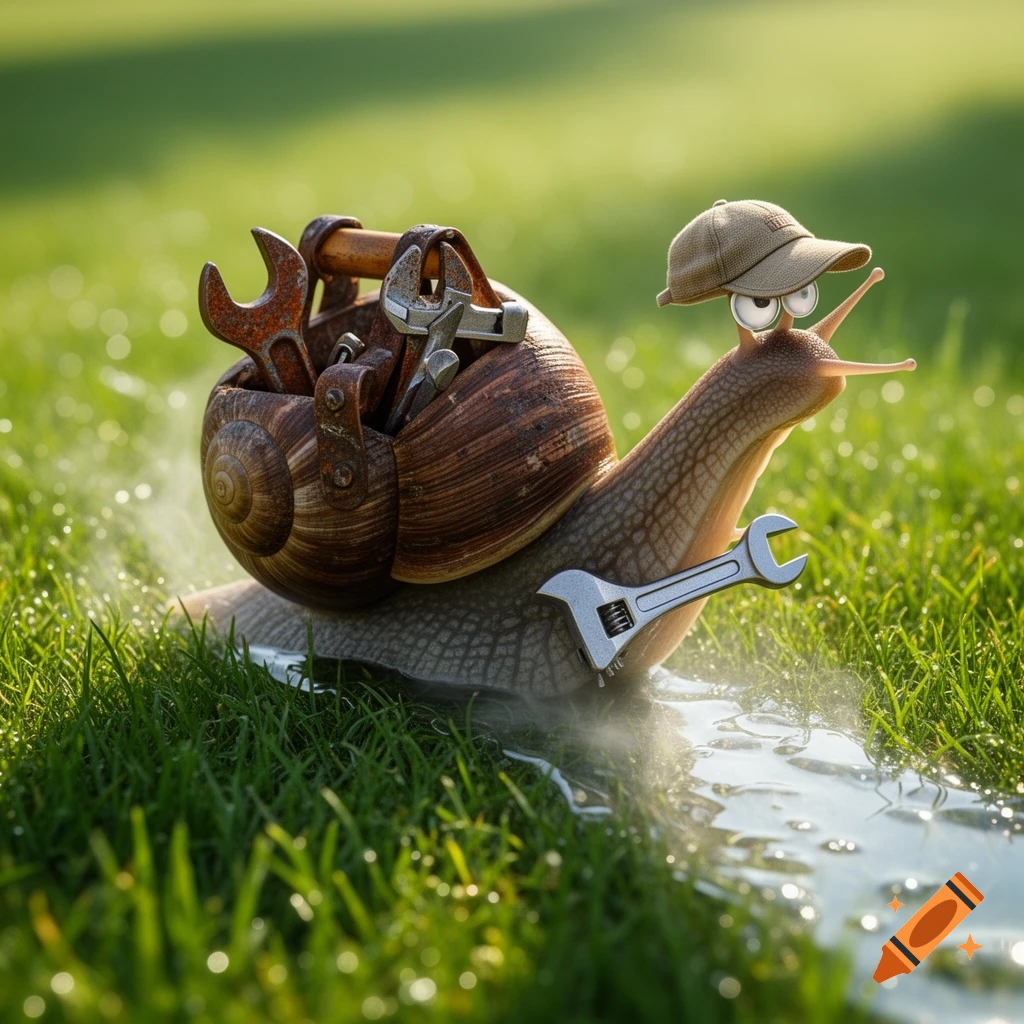 A whimsical snail wearing a baseball cap with googly eyes carries a rusty toolbox on its shell and a silver wrench, crawling on dewy green grass.