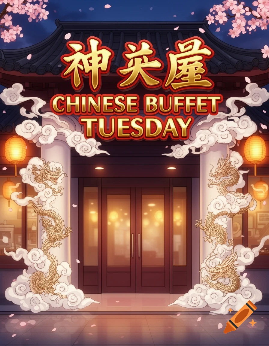 Anime style Chinese restaurant entrance sign reads 'CHINESE BUFFET TUESDAY', with golden dragons, clouds, and cherry blossoms.
