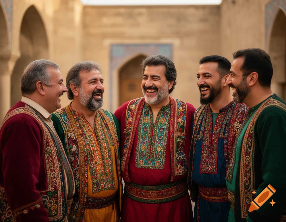 Five men in ornate, colorful traditional attire laugh together in an outdoor courtyard with arched architecture in the background.