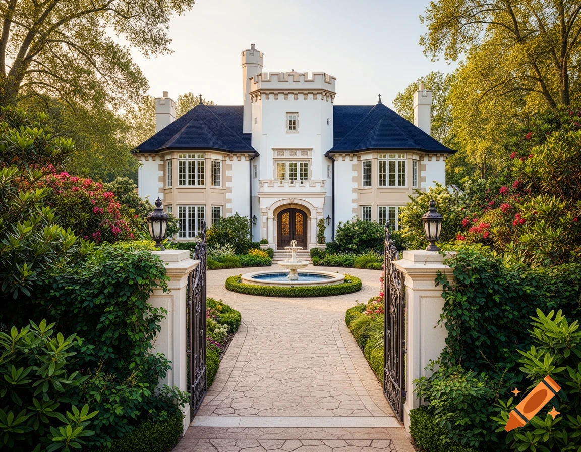 A grand white castle-like house with a dark roof, lush garden, fountain, and ornate gate on a paved driveway.