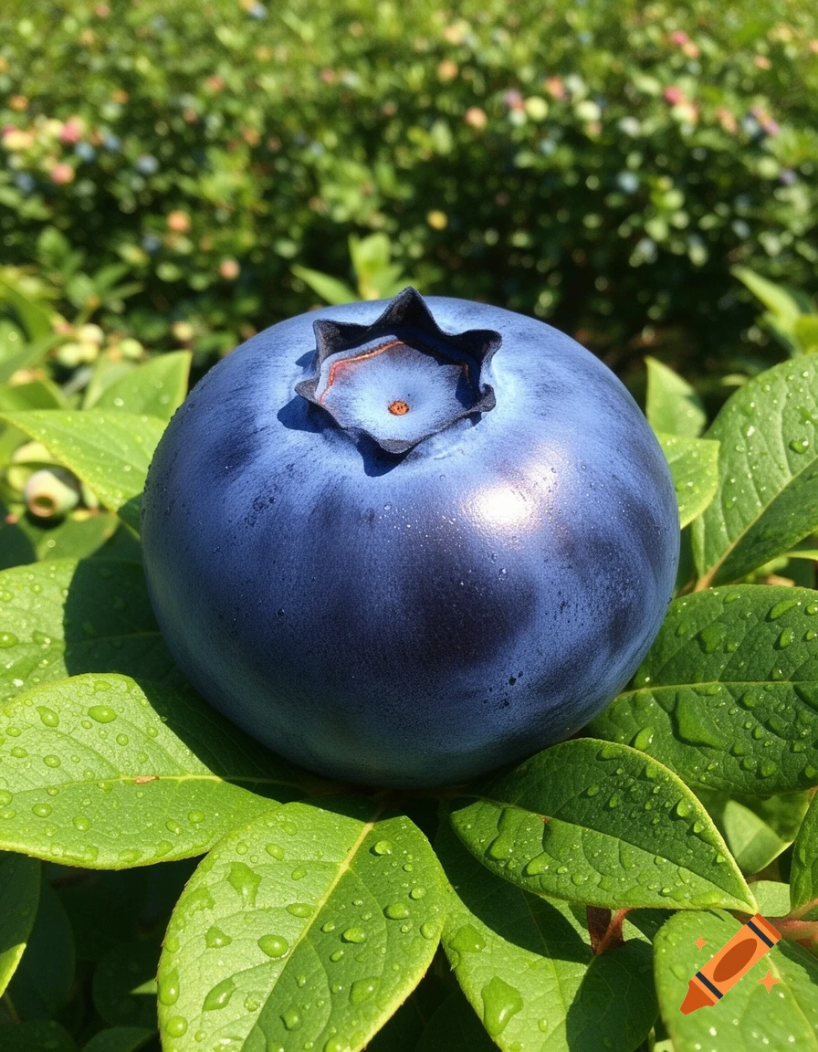 A large, ripe blueberry with water droplets rests on green leaves, with a blurred background of a blueberry bush.