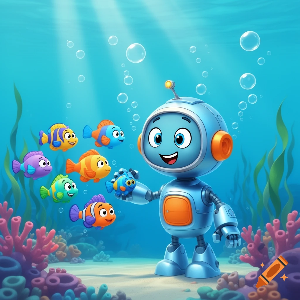 A cute cartoon robot with orange accents holds a small fish underwater, surrounded by other colorful cartoon fish, coral, and bubbles.
