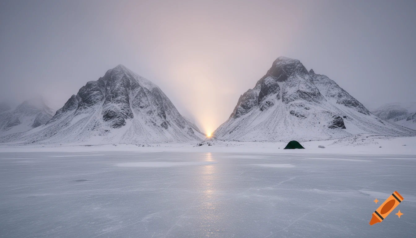 A snow-covered landscape with two large mountains, an icy foreground, a green tent, and a sunrise between the mountains.