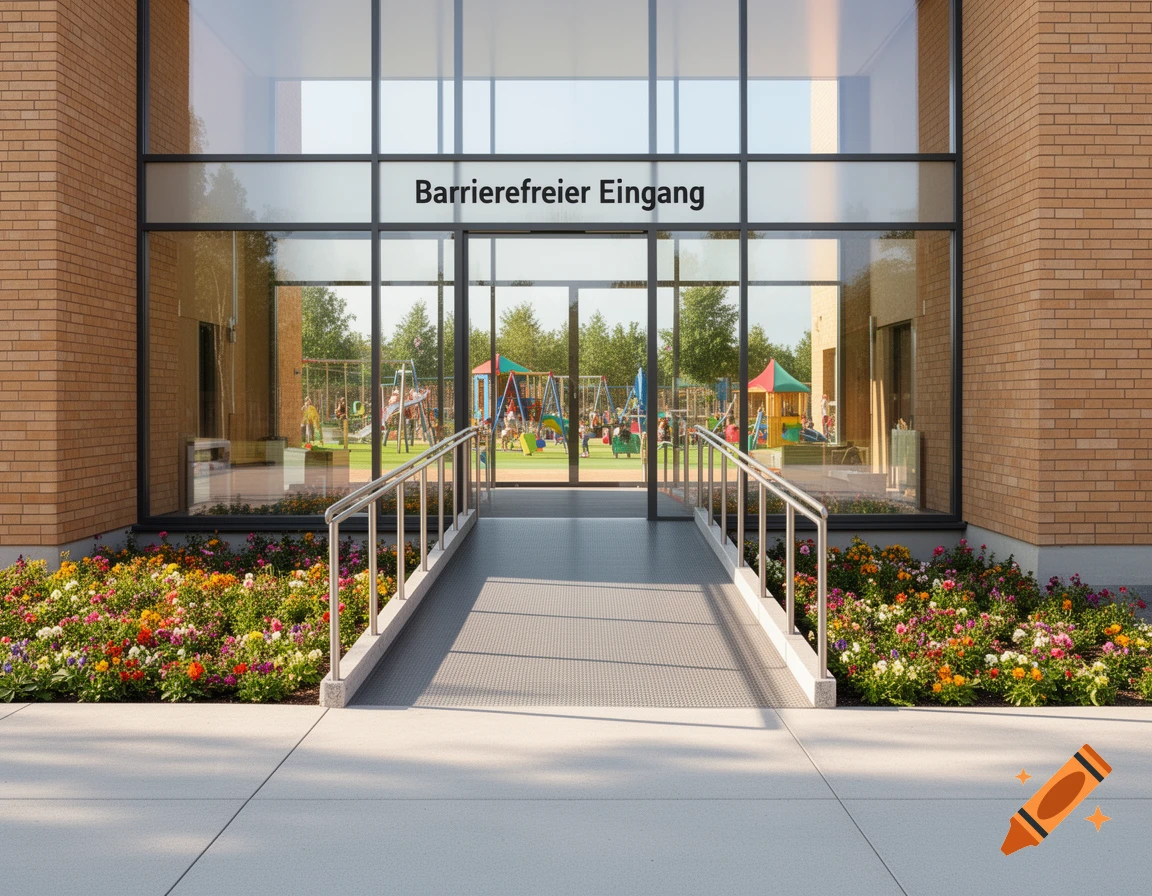 Photorealistic image of a barrier-free entrance to a building, with a playground visible through glass and colorful flower beds.