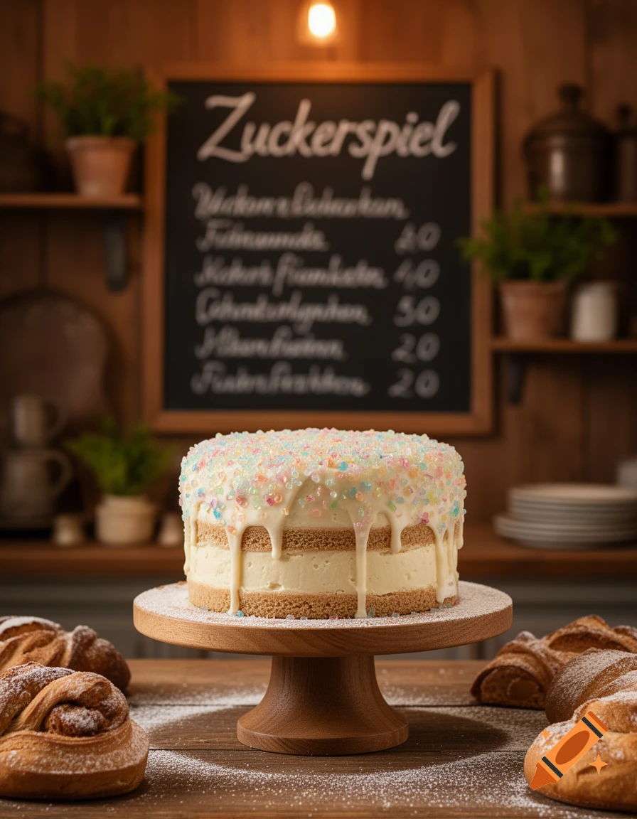 A white cake with colorful sprinkles and frosting drips sits on a wooden stand. Pastries are on the table, with a blurred chalkboard sign reading 'Zuckerspiel' in the background.