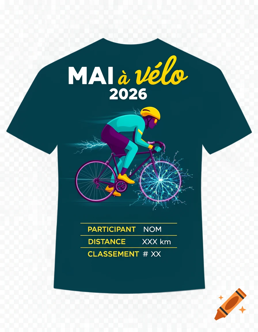 A dark t-shirt with a stylized cyclist, whose front wheel is a neural network, and text 'MAI à vélo 2026' along with participant details.