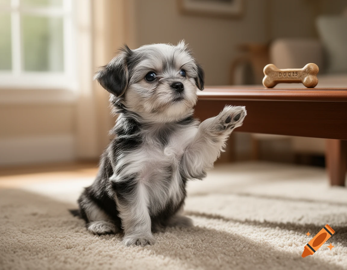 A cute silver and black Morkie puppy sits on a rug, raising a paw toward a dog bone on a table, photorealistic.