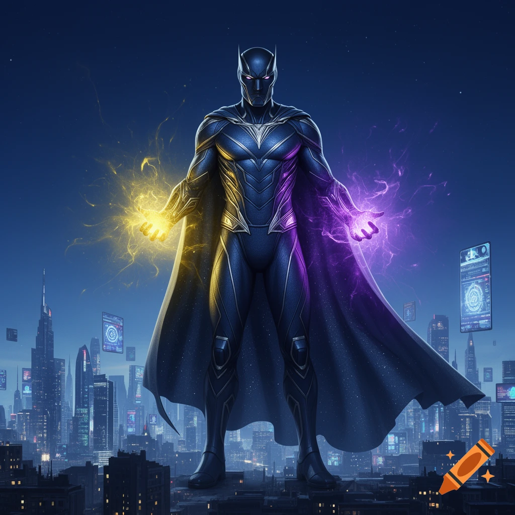 A superhero in a dark blue suit and cape stands on a city rooftop, hands glowing with yellow and purple energy, at night.