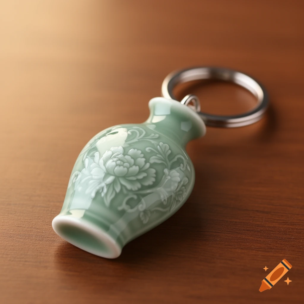 A close-up of a light green celadon vase-shaped keychain with white floral patterns, lying on a wooden surface.