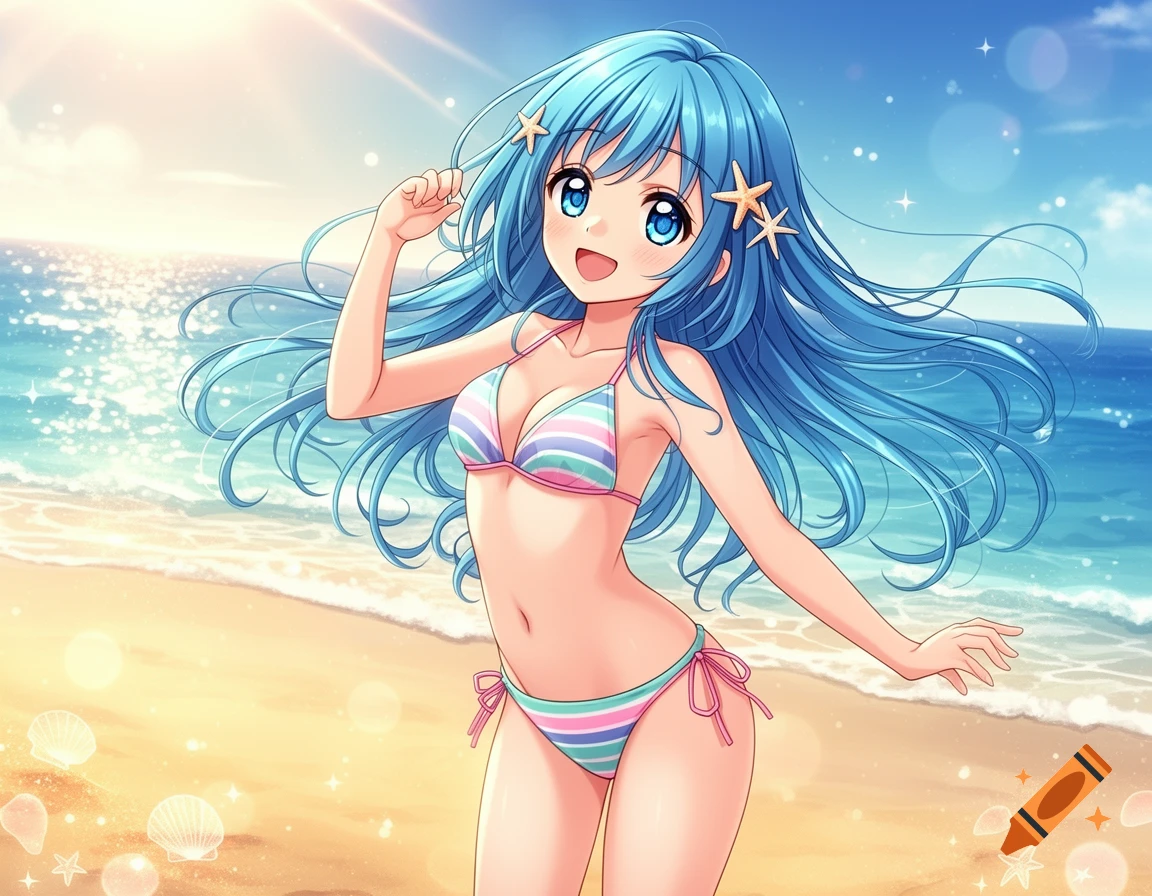 An anime girl with long blue hair and blue eyes smiles while posing in a striped bikini on a sunny beach.