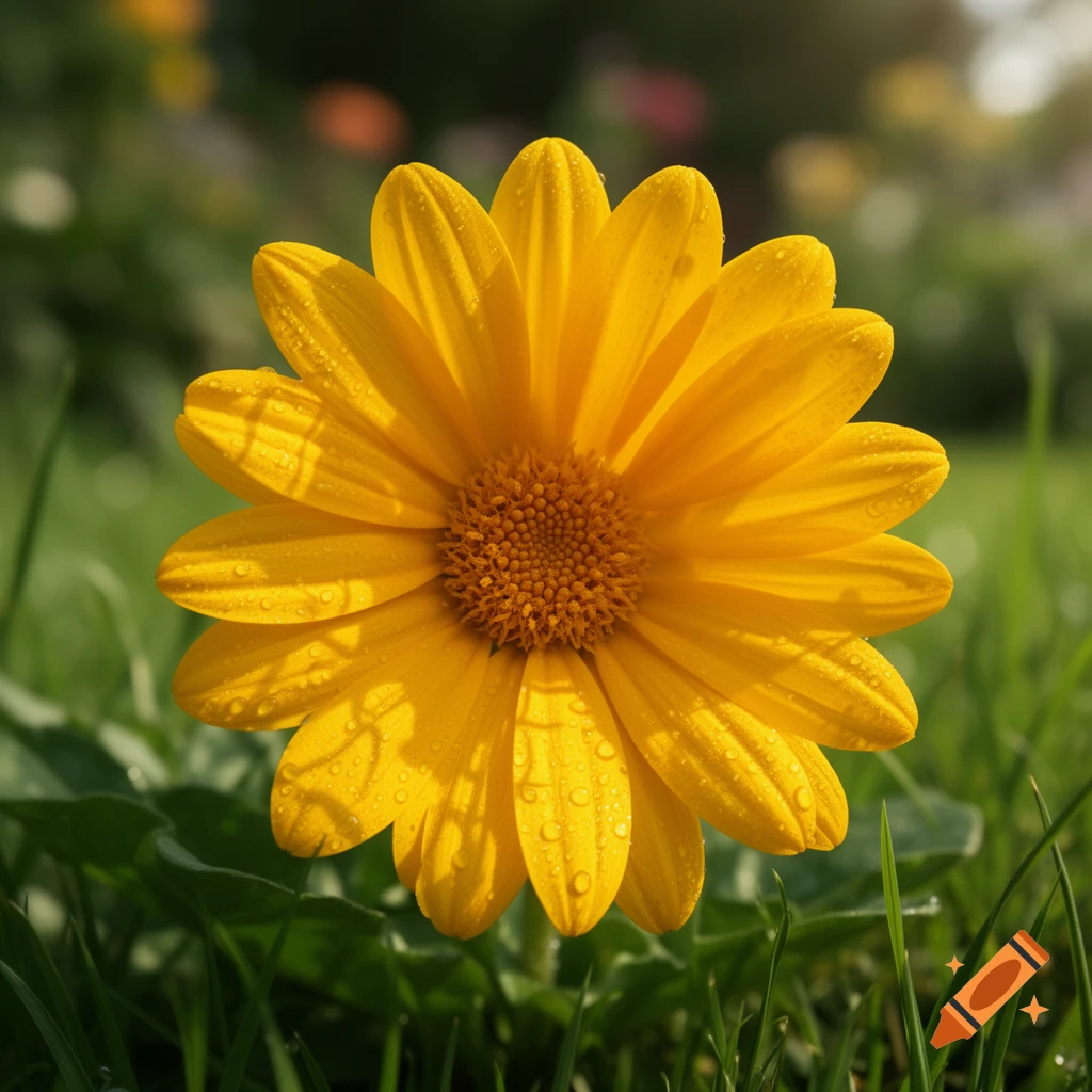 A vibrant yellow flower with dewdrops on its petals, set against a soft, blurred green background in bright sunlight.