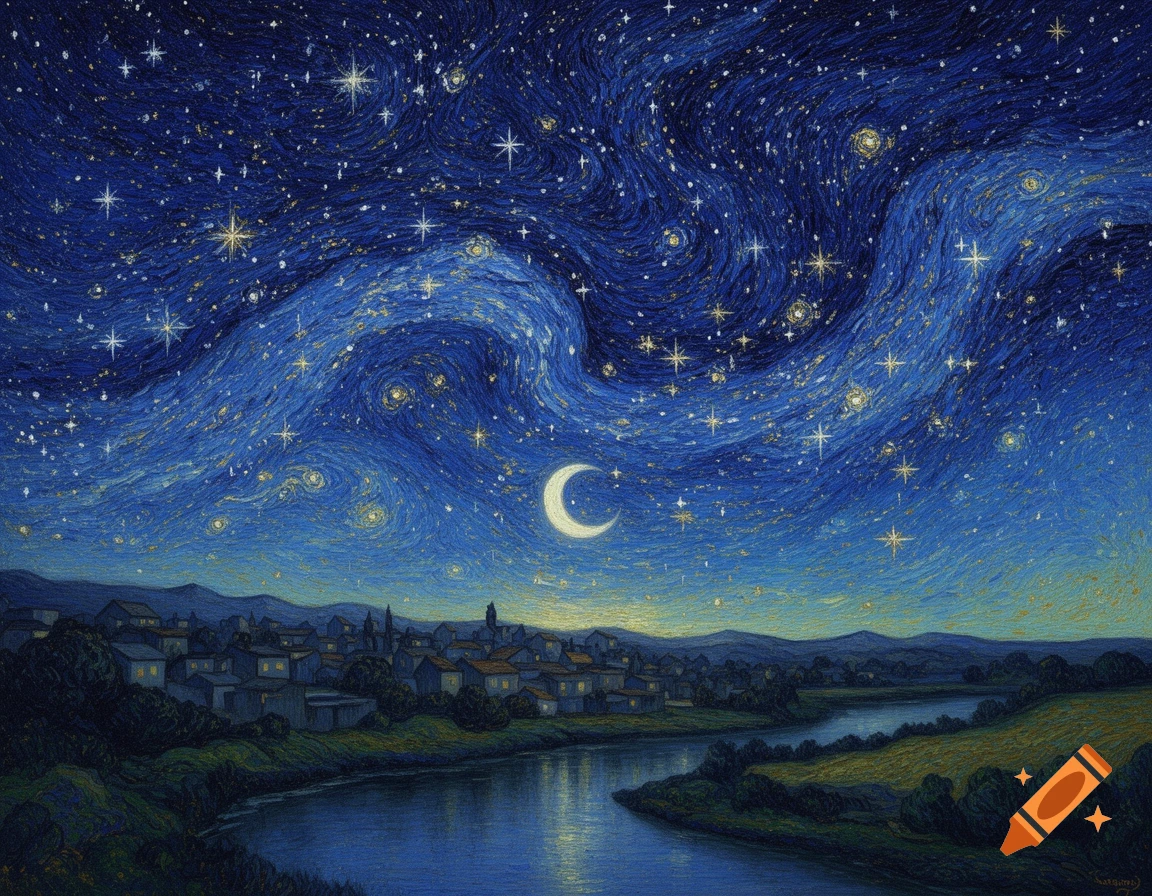 A painting of a vibrant, swirling starry night sky with a crescent moon over a village nestled by a calm river, in the style of Van Gogh.
