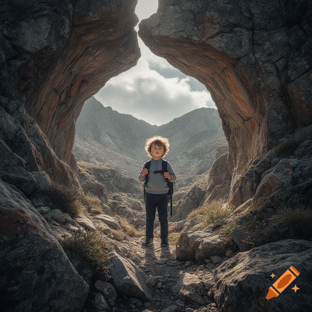 A young boy with curly hair and a backpack stands within a rocky archway, looking at distant mountains under a bright sky, photorealistic.