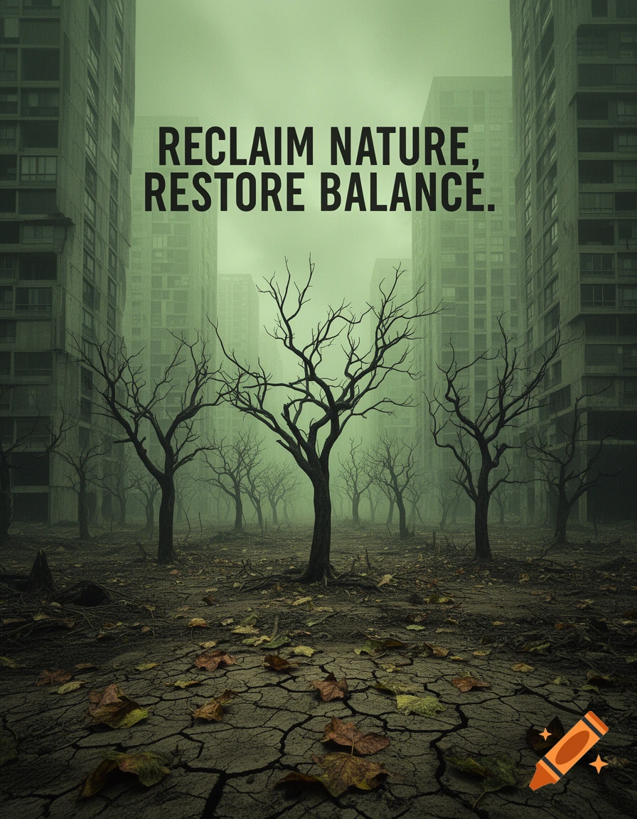 A desolate, foggy landscape with bare trees on cracked earth, surrounded by dilapidated urban buildings. The text reads 'RECLAIM NATURE, RESTORE BALANCE.'