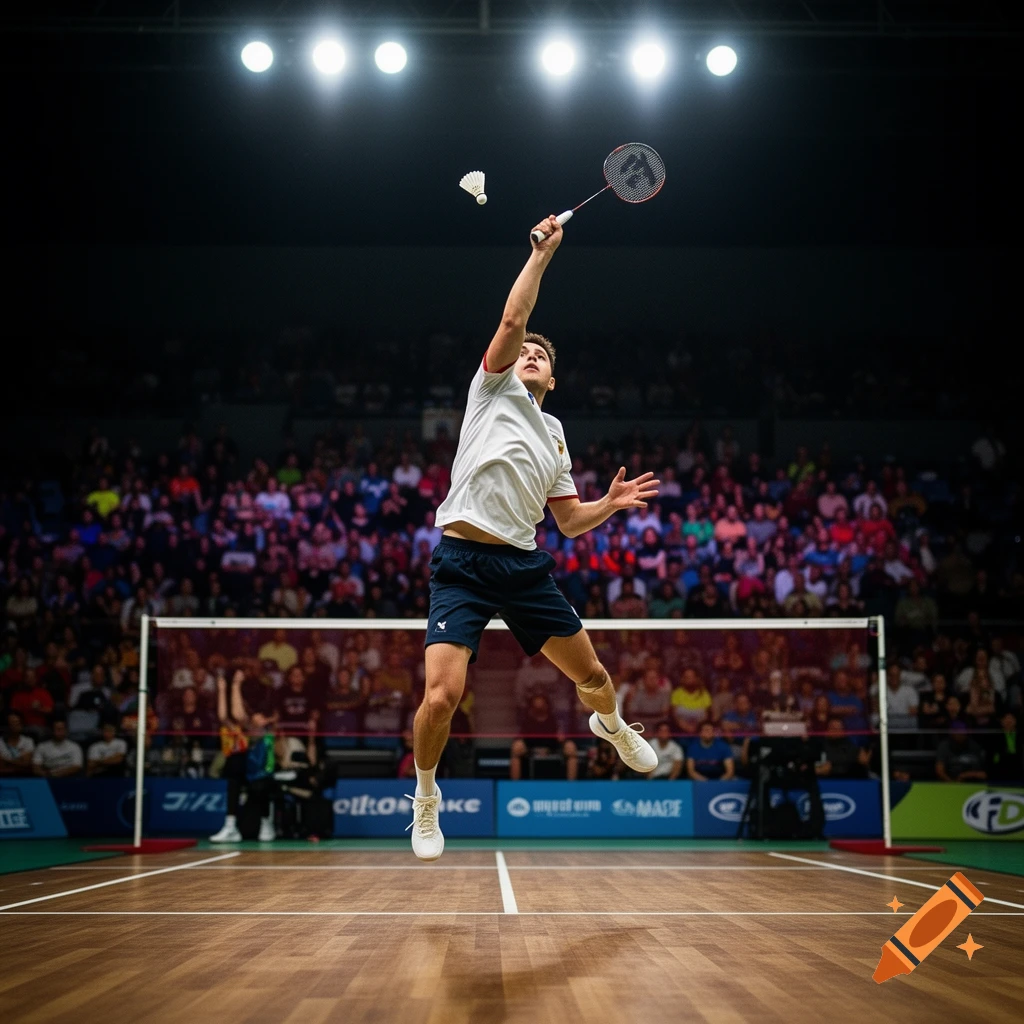 A male badminton player jumps to hit a shuttlecock with his racket on a court during a match, with spectators in the background.