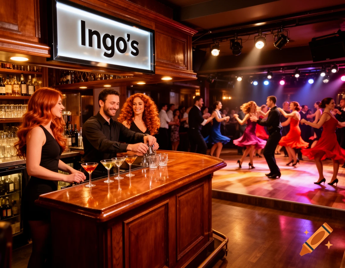 A lively bar with a bartender making drinks and two women with red hair. Behind them, people in colorful attire are salsa dancing on a dance floor under spotlights. A sign above the bar reads "Ingo's".