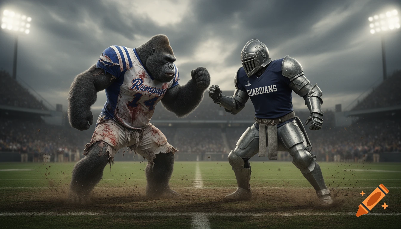 A large gorilla in a torn, bloodied football jersey faces a knight in metal armor on a football field under a cloudy sky.