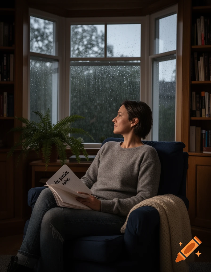 A woman in a grey sweater sits in a blue armchair by a bay window on a rainy day, holding a book and looking outside.