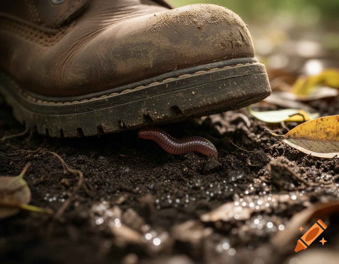A close-up, low-angle shot of a brown work boot partially crushing a pink worm on damp soil with scattered leaves. Photorealistic.