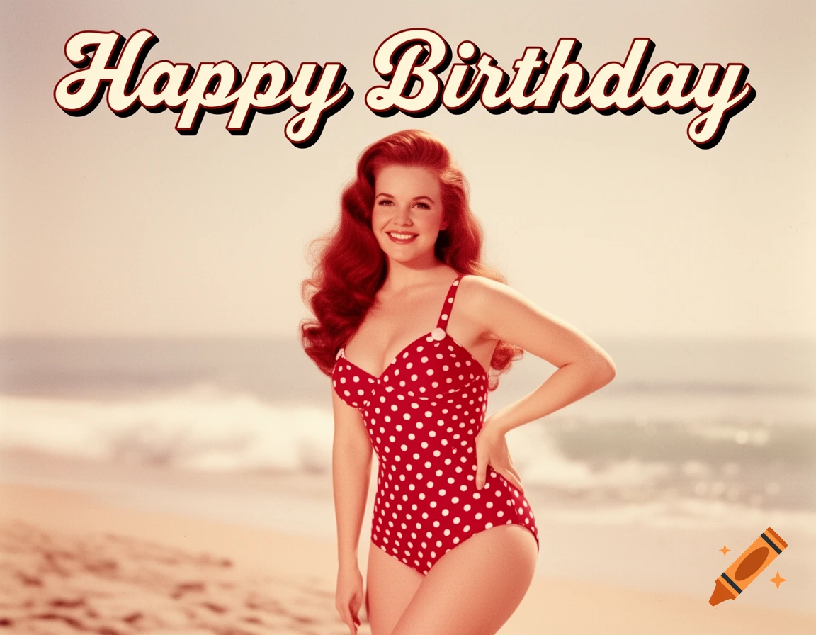 A smiling woman with red hair in a red polka-dot swimsuit poses on a beach, with 'Happy Birthday' text above, in a vintage style.