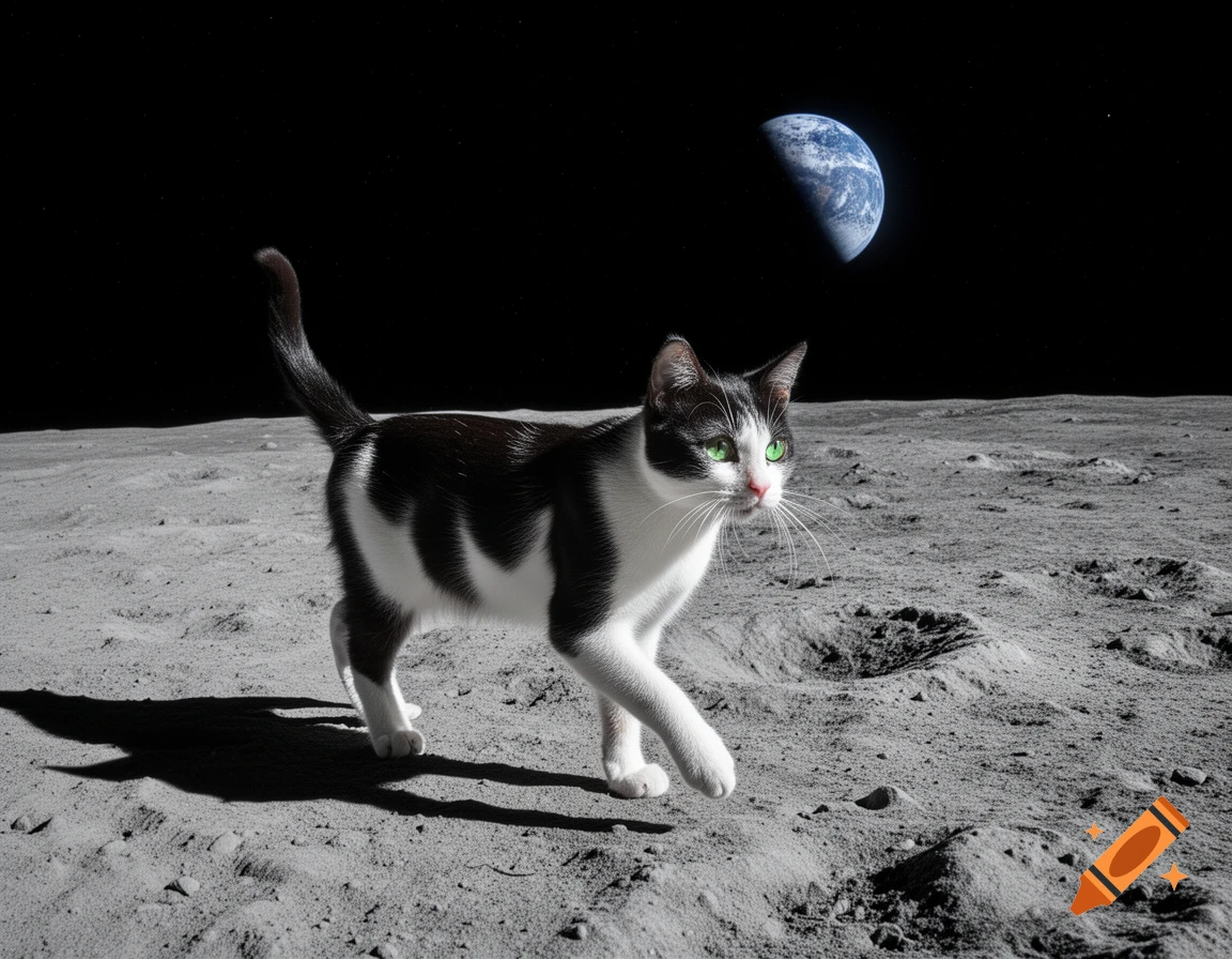 A black and white cat with green eyes walks on the moon's surface, with Earth visible in the dark sky.