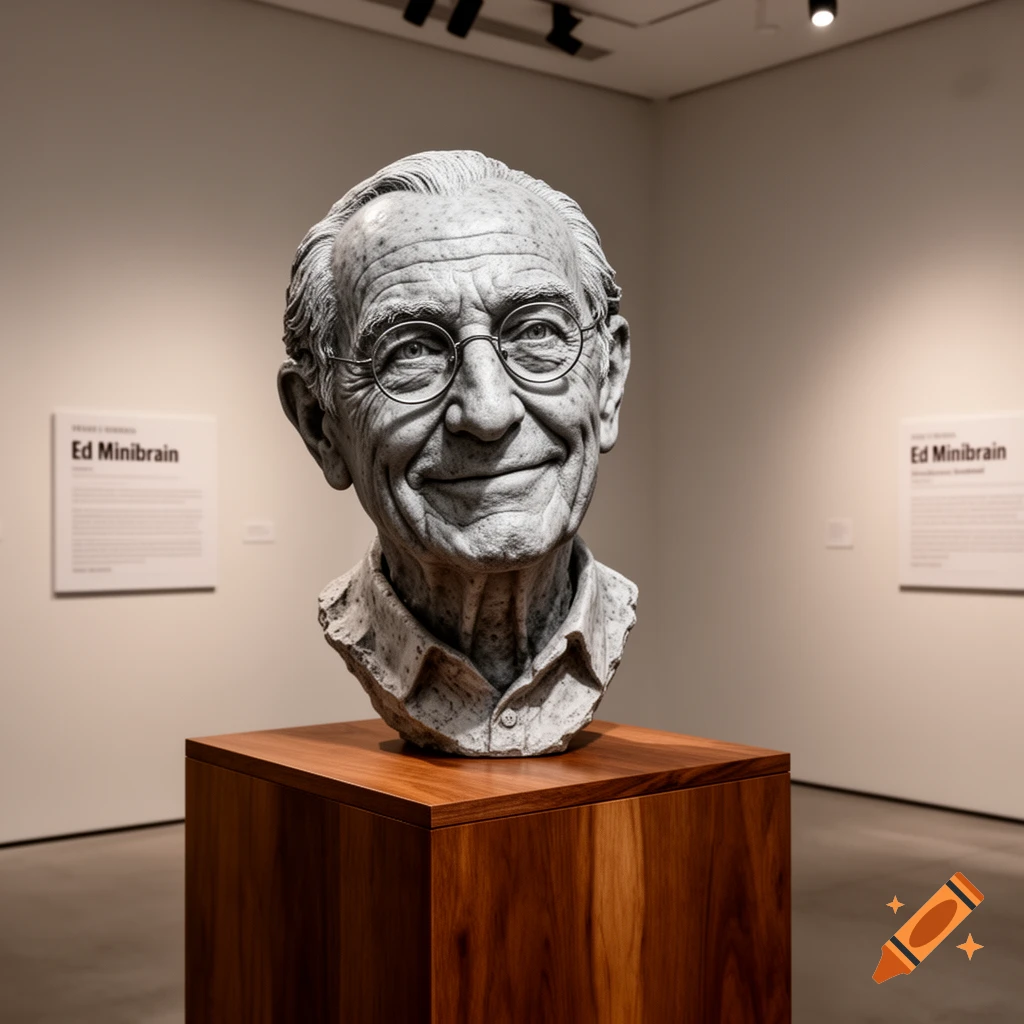Photorealistic bust of a smiling old man with glasses, made of stone, on a wooden pedestal in a museum gallery.