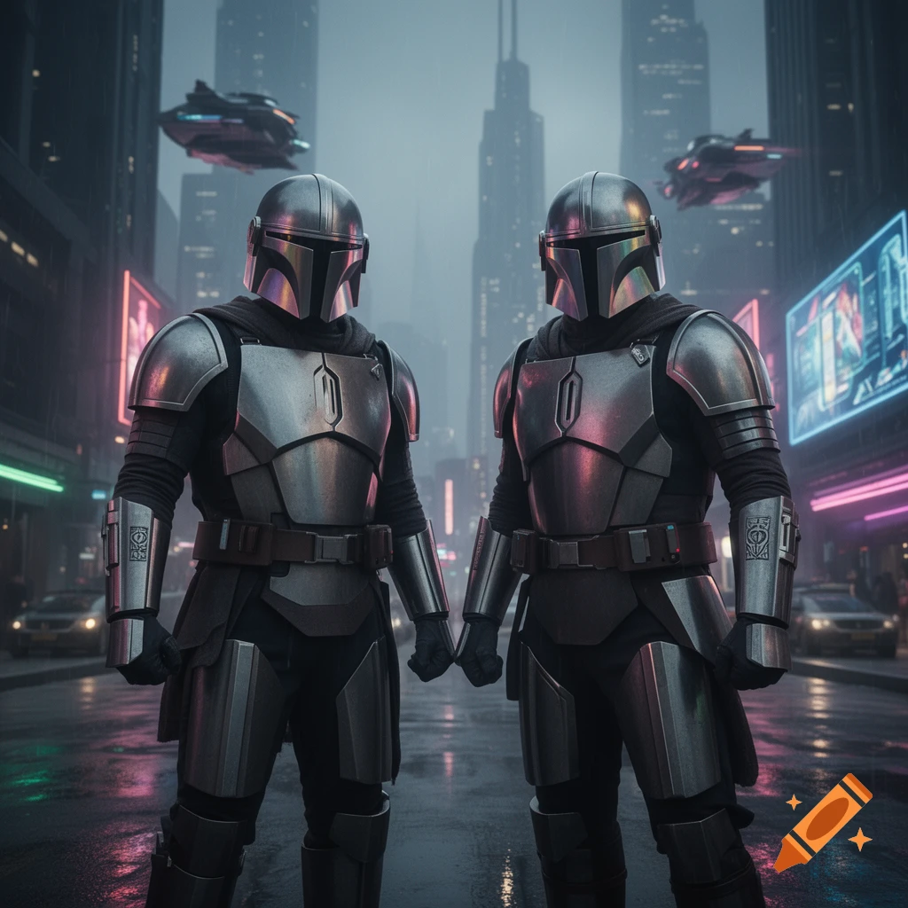 Two armored figures resembling Mandalorians stand side-by-side on a wet street in a neon-lit futuristic city with flying vehicles in the rainy background.