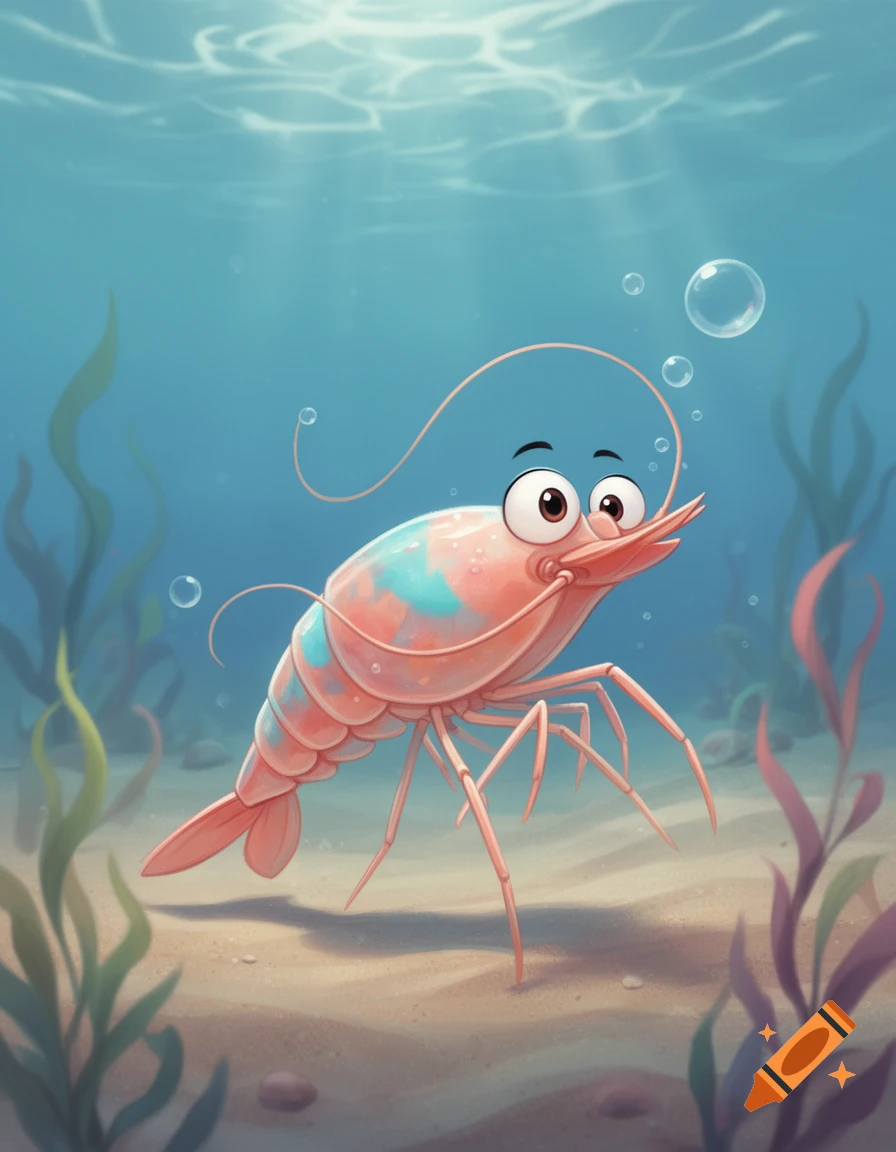A cartoon shrimp with big eyes and blue markings walks on the sandy ocean floor surrounded by seaweed and bubbles.