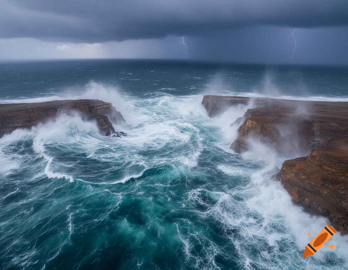 A stormy ocean with massive waves crashing against rugged cliffs under a dark, lightning-filled sky.