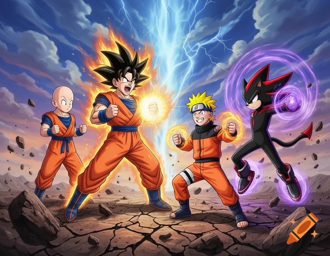 Goku, Krillin, Naruto, and Shadow the Hedgehog in an anime-style fighting stance with energy blasts and lightning above a cracked battlefield.