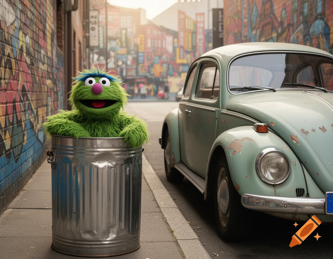A green furry muppet with pink nose and blue eyebrows peeks out of a silver trash can on an urban street with graffiti and a light blue vintage Volkswagen Beetle.