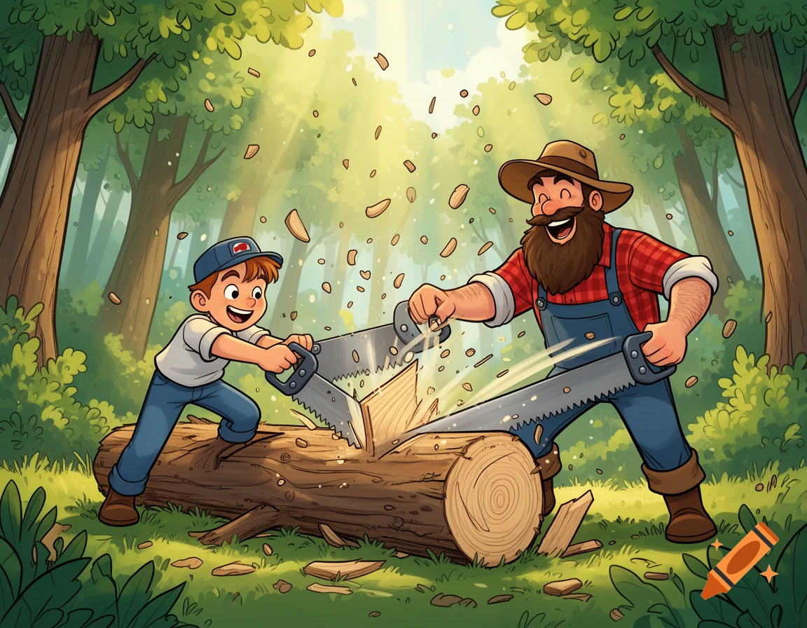 Colorful cartoon illustration of a happy young boy and a bearded lumberjack sawing a log together in a sunny forest with wood chips flying.