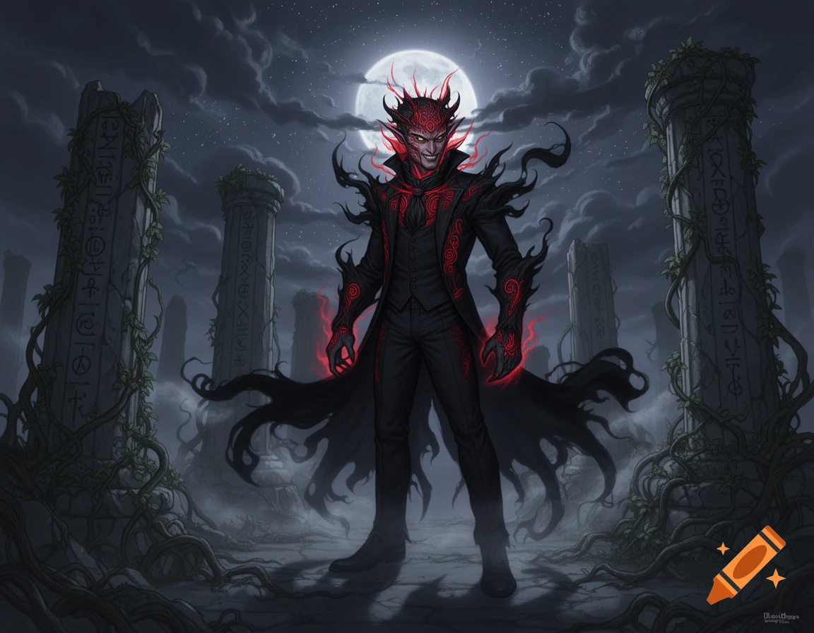 A red-skinned demon with horns and glowing red patterns, wearing a dark suit, stands in ruins under a full moon.