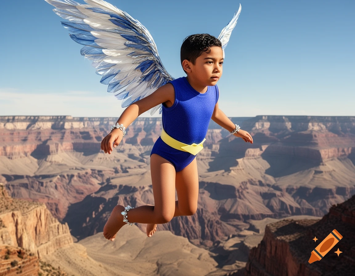 A young boy with blue and silver wings, wearing a blue leotard and yellow belt, flies over a vast desert canyon.
