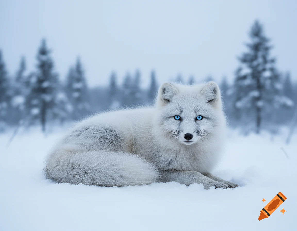 A photorealistic arctic fox with bright blue eyes lies in deep snow in a winter forest.