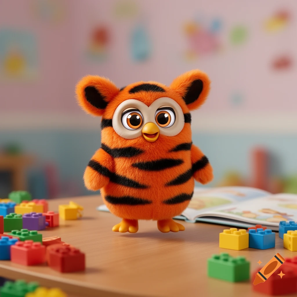 A furry orange and black striped toy with big eyes, resembling a tiger, stands on a wooden table surrounded by colorful building blocks.