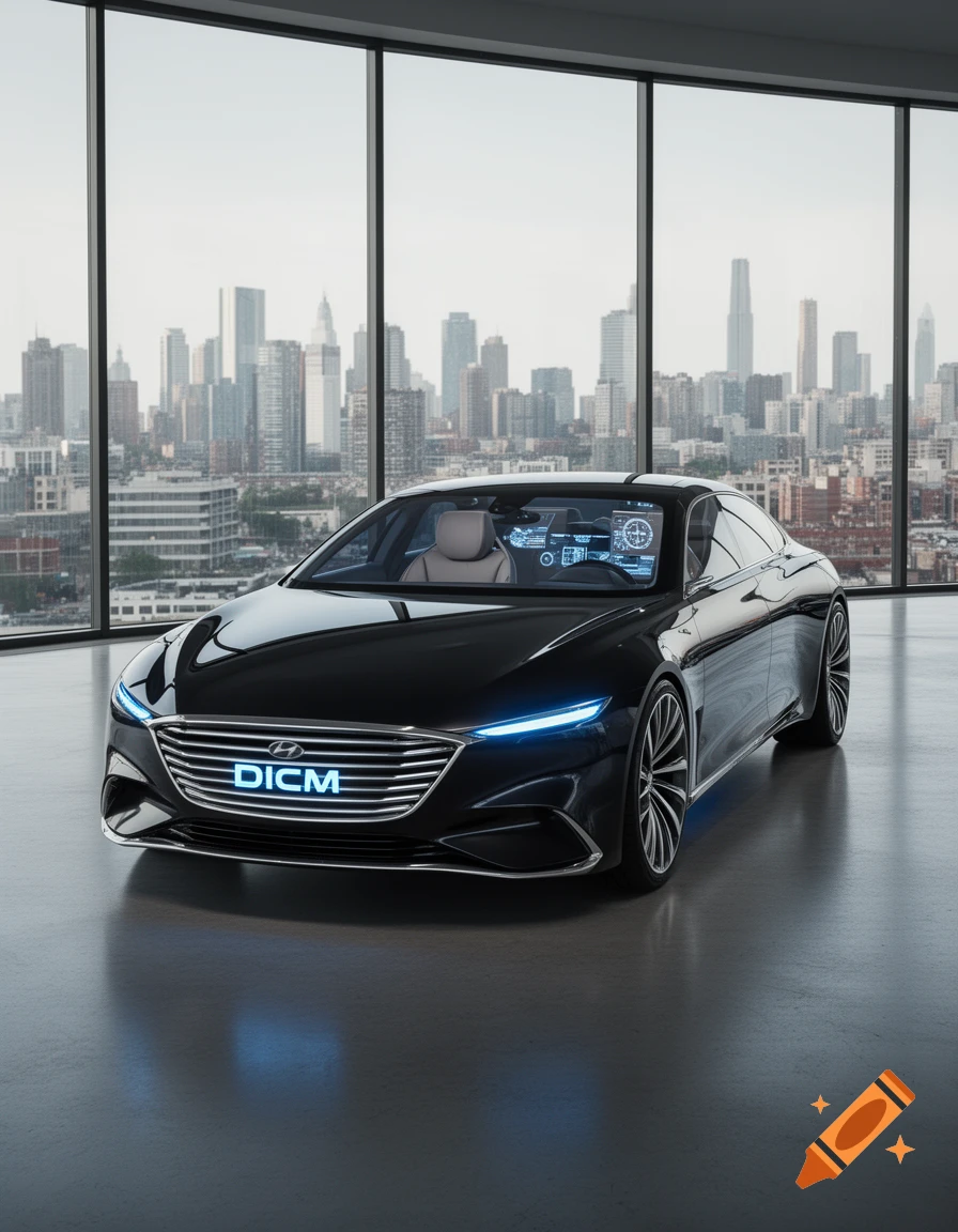 A sleek, black futuristic concept car with glowing blue headlights and a "DICM" logo on the grille, parked in a showroom overlooking a modern city skyline.