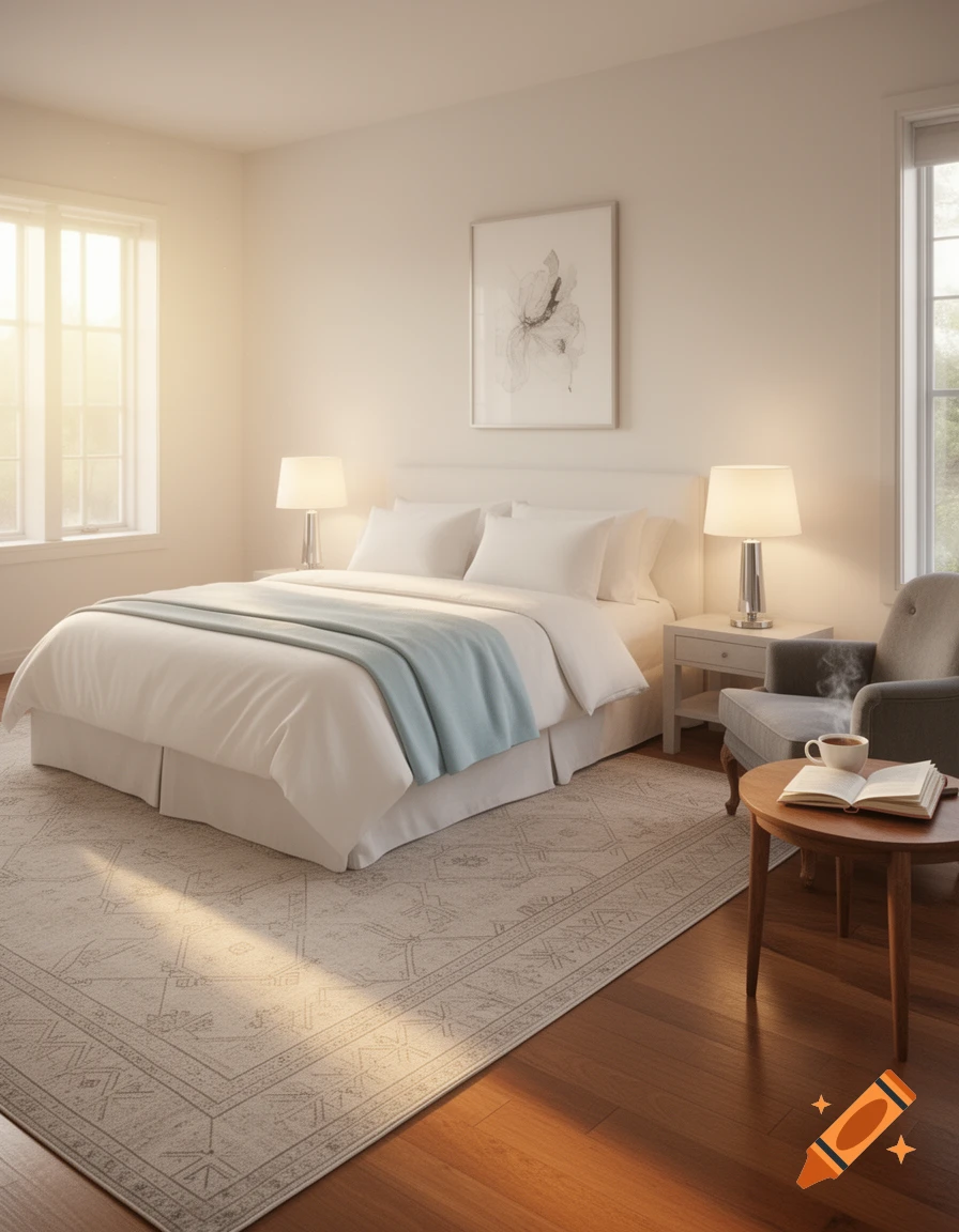 Bright, photorealistic bedroom with a large bed, white bedding, a light blue throw, two windows, and a reading nook.