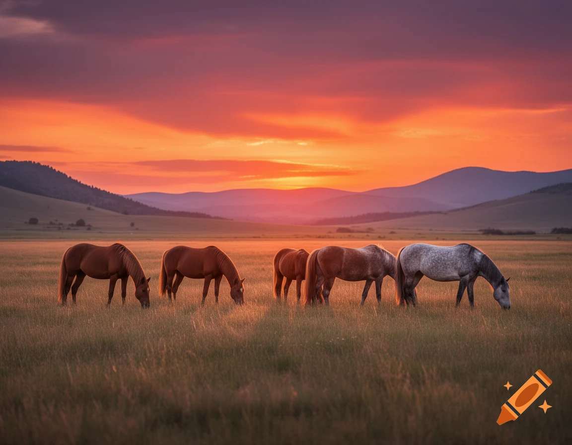 Five horses grazing in a golden field under a vibrant orange and purple sunset sky with rolling hills in the background, photorealistic.