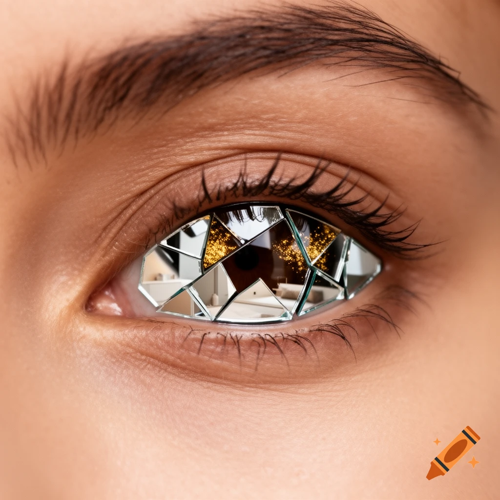 A close-up of a human eye with a shattered mirror reflecting lights and an interior scene on its surface.