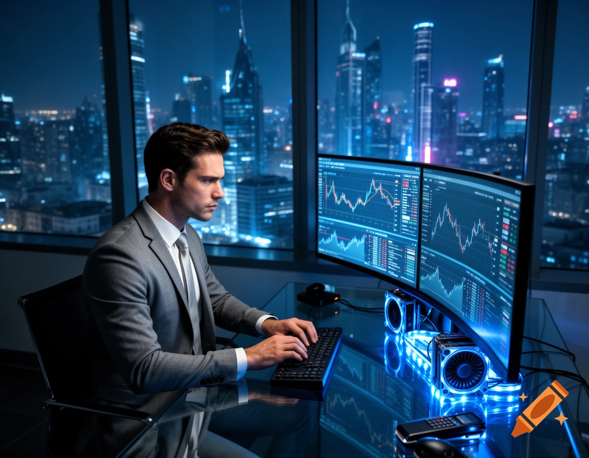 A man in a suit works late at a desk with glowing computer screens showing financial charts, overlooking a city at night.