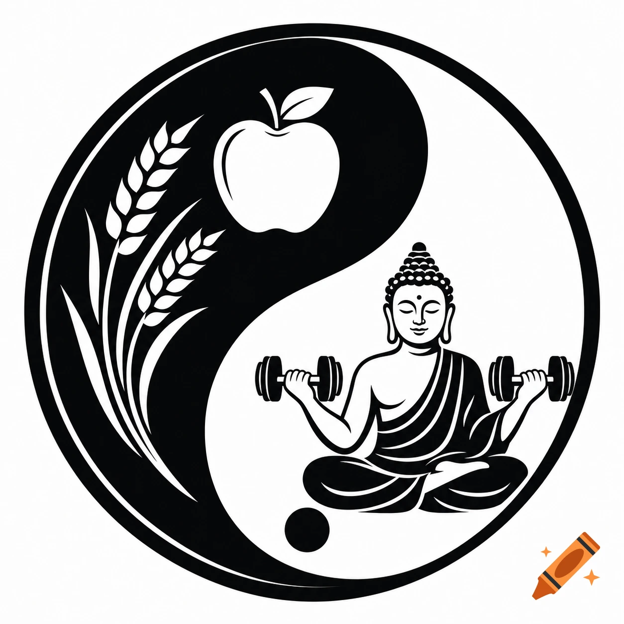 A monochrome modern Yin-Yang symbol. The black side shows an apple and wheat, and the white side shows a meditating Buddha holding dumbbells.