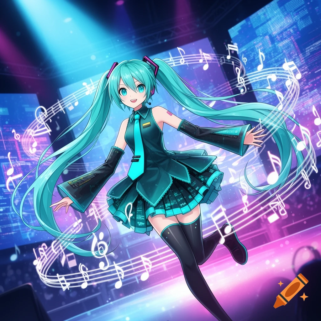Hatsune Miku, an anime girl with long turquoise pigtails, floats gracefully on a vibrant, neon-lit stage surrounded by musical notes.